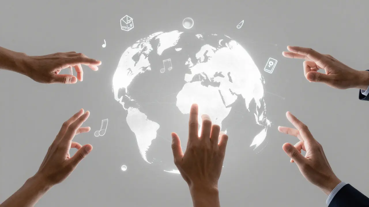 Global hands interacting with holographic tokenized assets on a glowing globe.