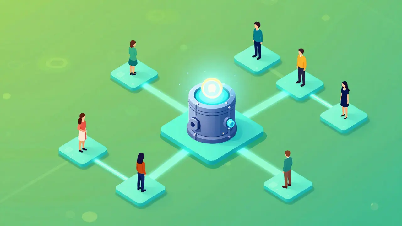 Isometric illustration of digital community claiming crypto rewards.