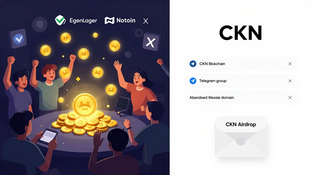 Left: active crypto airdrop celebration with verified project logos. Right: empty digital void with frozen blockchain and abandoned CKN website.