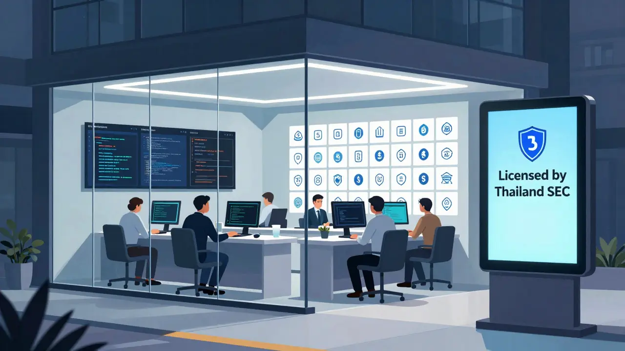 Modern Thai crypto exchange office with compliance team and approved tokens displayed on wall