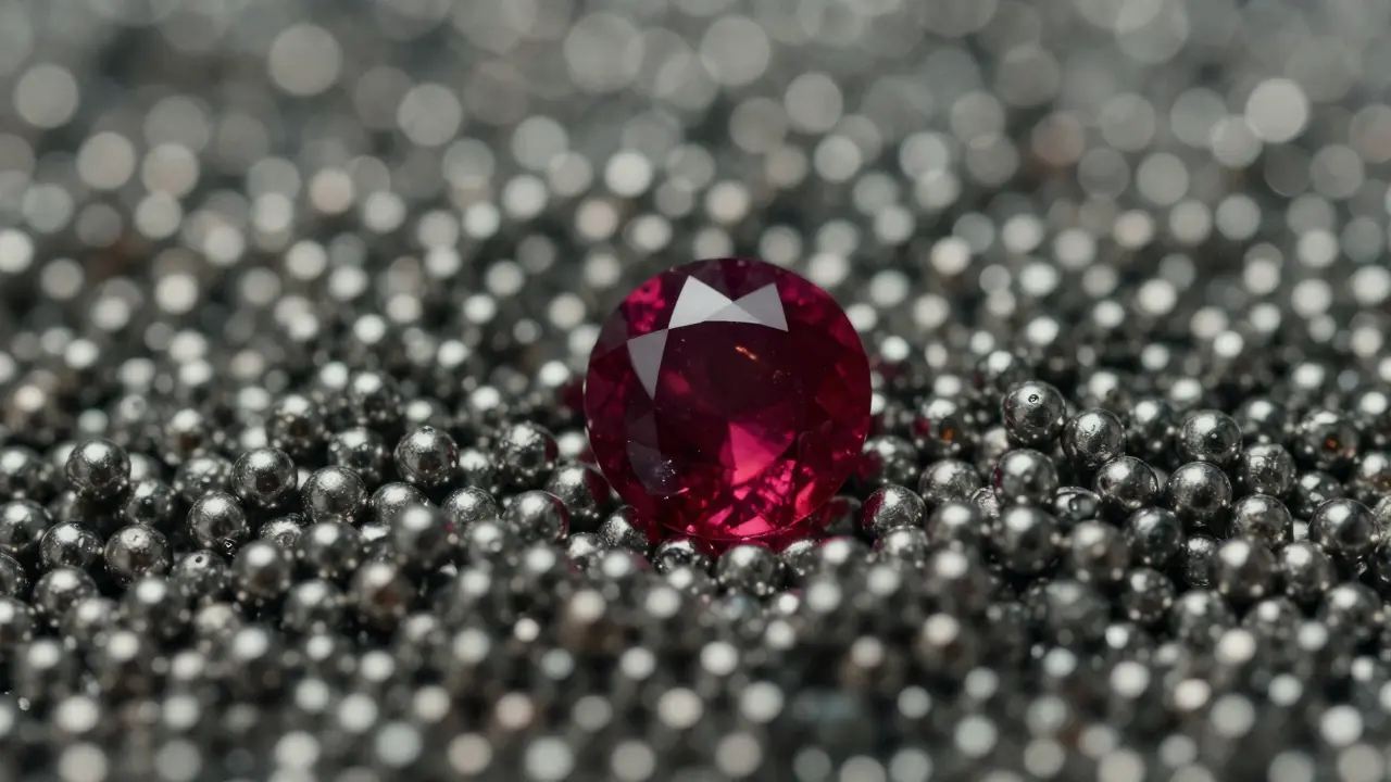 Pile of tiny silver spheres around one large glowing ruby.