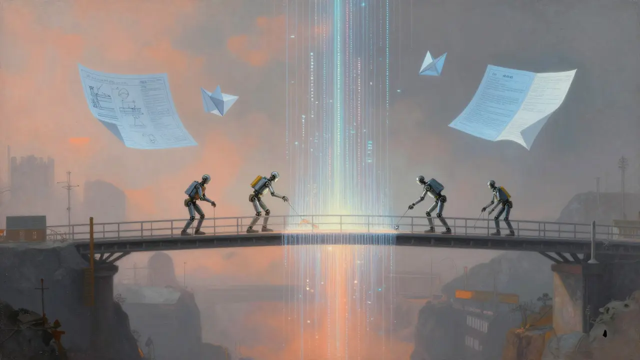 Robotic builders constructing a bridge of fiber optics in misty void