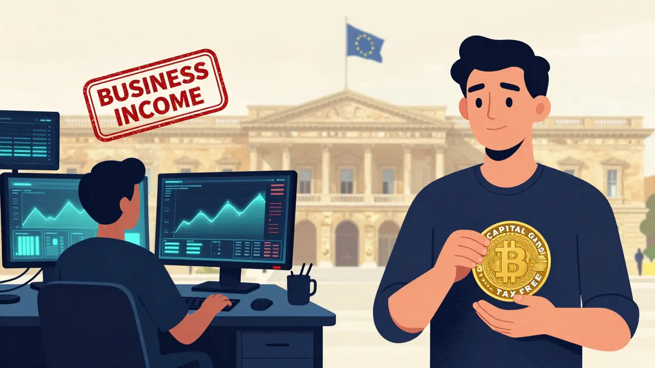 Split illustration contrasting daily crypto trading (taxed) vs long-term holding (tax-free) against Malta's Parliament.