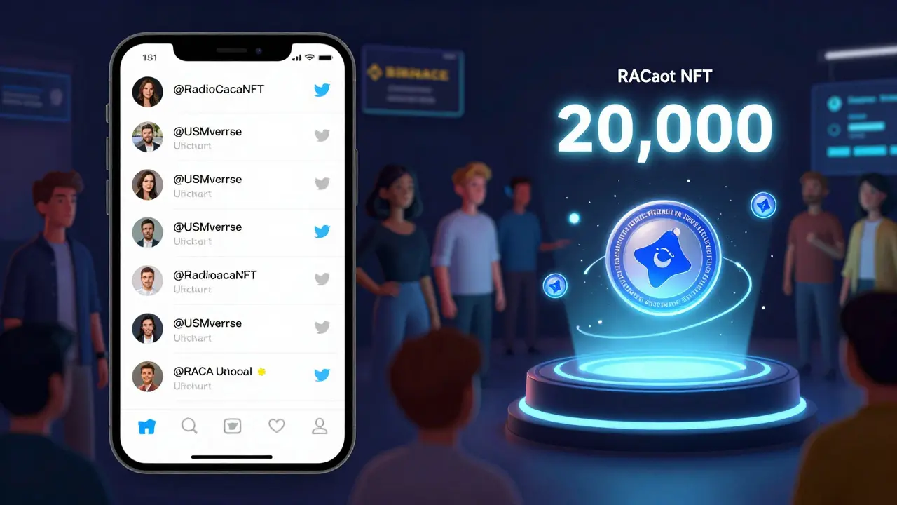 Split-screen of Twitter engagement and wallet receiving RACA tokens, with digital avatars in a virtual expo hall.
