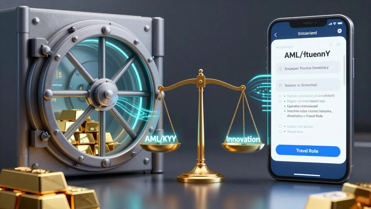 Swiss bank vault with digital custody systems beside a transaction showing full Travel Rule data.