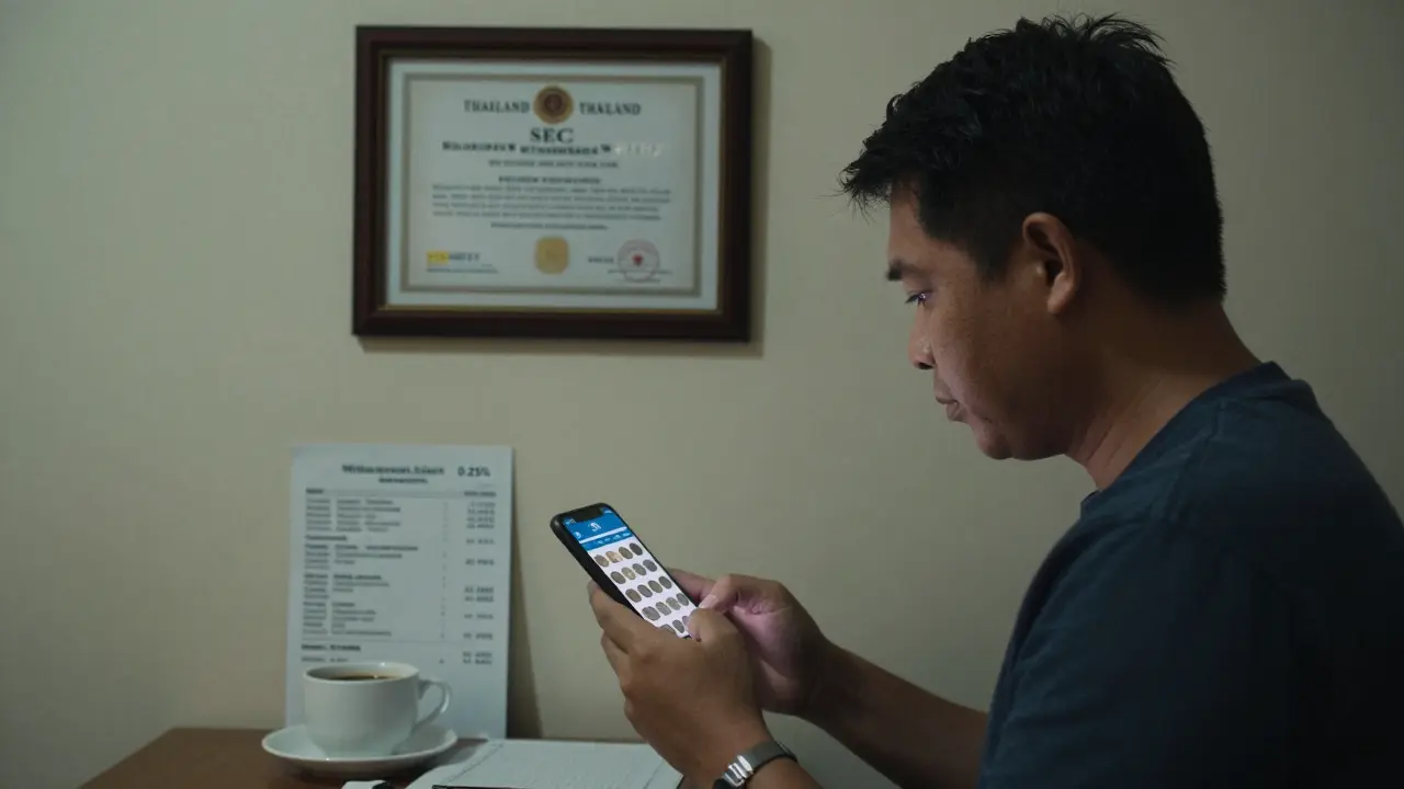 Trader using VPN on smartphone in Bangkok apartment while SEC license hangs unused on wall