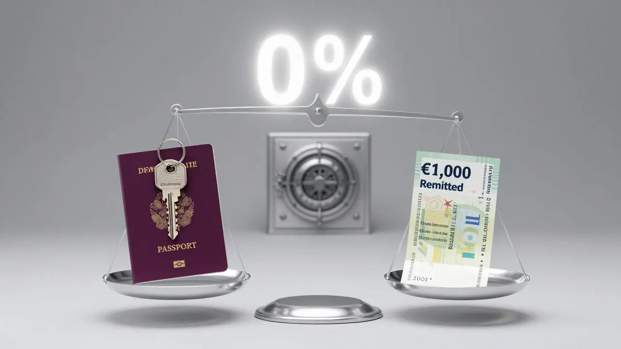 Transparent scale balancing non-dom status symbols against a remitted funds receipt, with 0% tax symbol floating above.