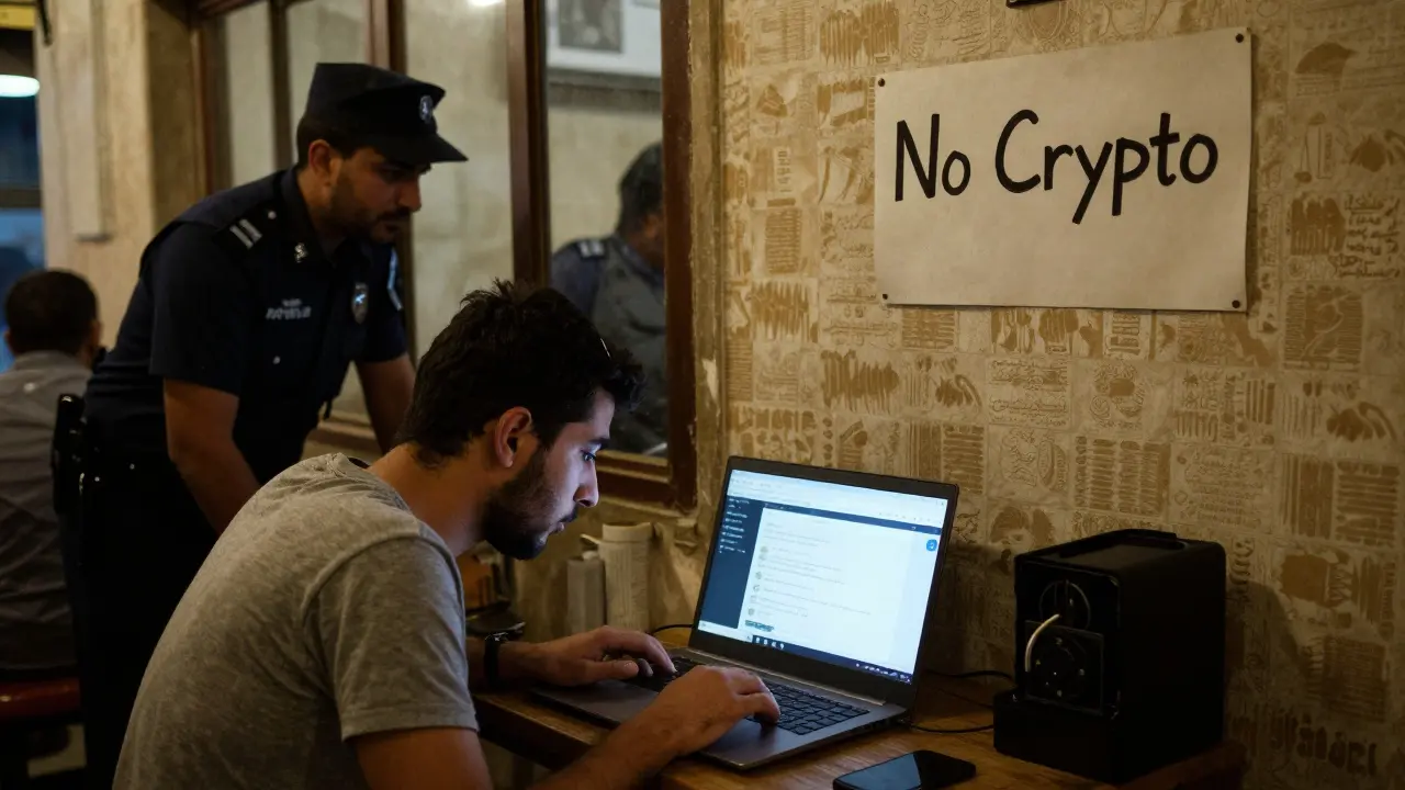 Young man using VPN to access crypto in Tunisia, police watching outside.