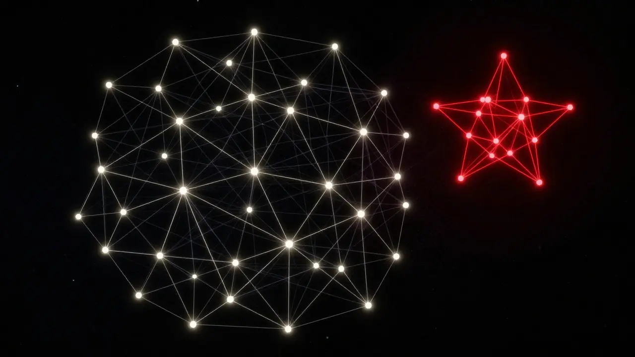 A cosmic web of organic connections contrasting with a rigid red cluster of bot accounts