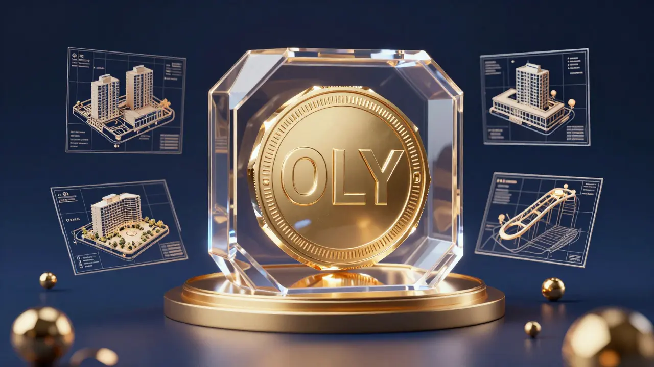 A crystalline OLY token inside a secure glass vault surrounded by real estate blueprints.