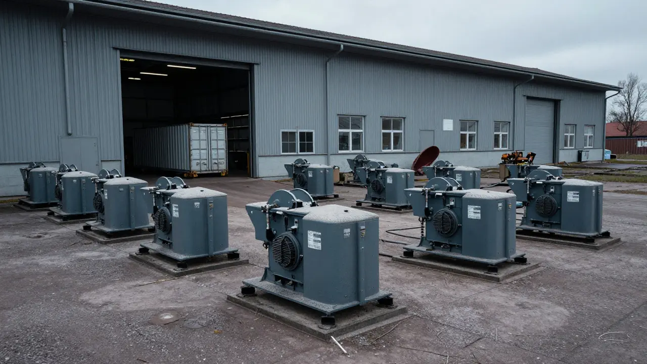 A desolate warehouse with powered-down mining rigs and a shipping container for relocation.