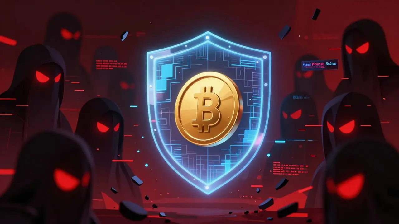A digital shield protecting a gold token from red glitchy shadows symbolizing cyber threats
