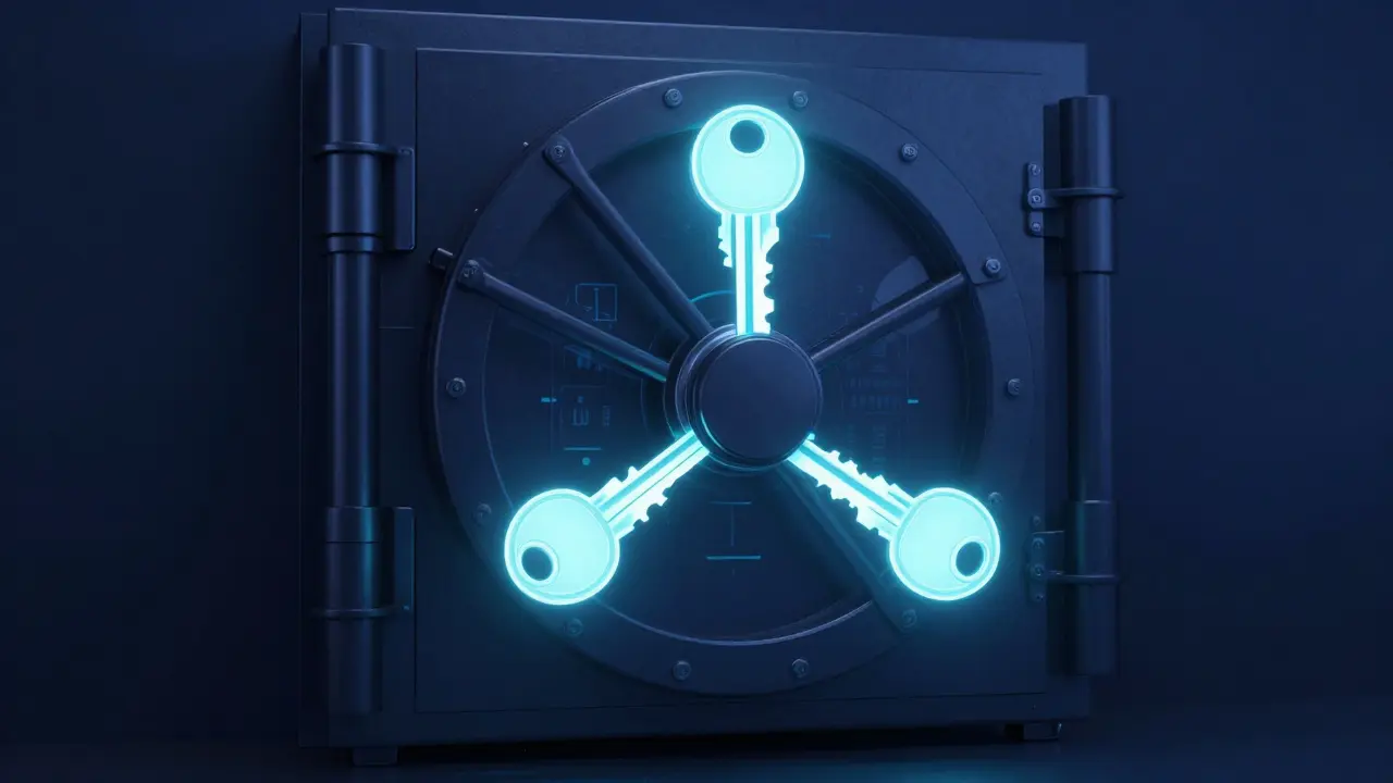 A digital vault secured by three holographic keys representing a multisig escrow system