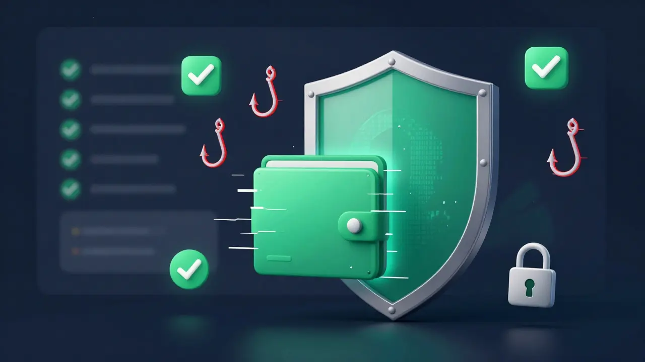 A digital wallet protected by a shield from red phishing hooks and scam symbols.