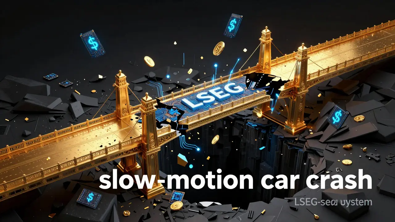 A futuristic golden digital bridge crumbling into a dark void with floating circuit fragments