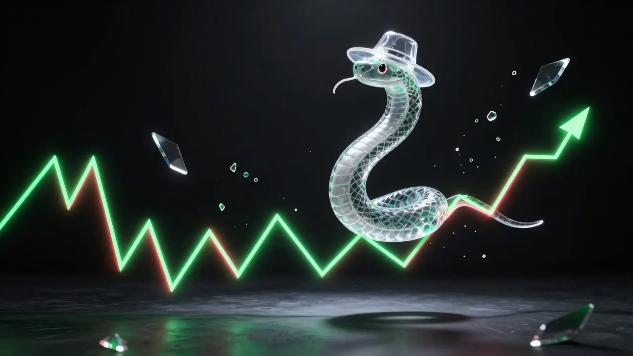 A glass snake with a hat balancing on a glowing neon price chart representing market volatility.