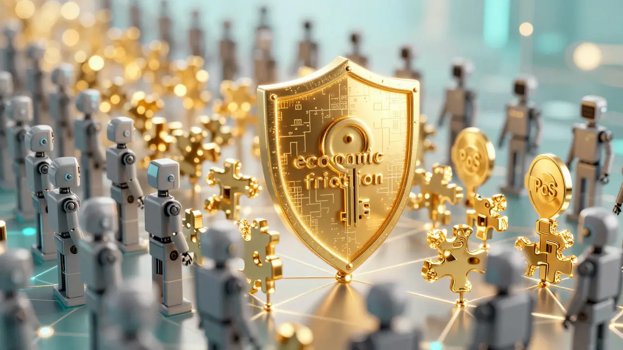 A glowing gold shield of tokens blocking grey robotic figures from a network