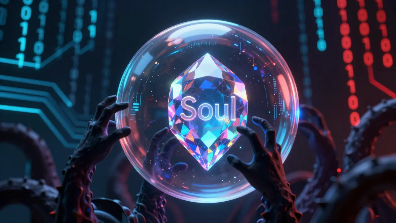 A glowing soul gem surrounded by dark shadow tentacles and digital code.