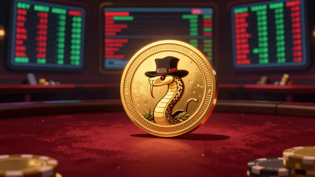 A gold memecoin with a snake in a hat on a casino table with crashing price tickers in the background.