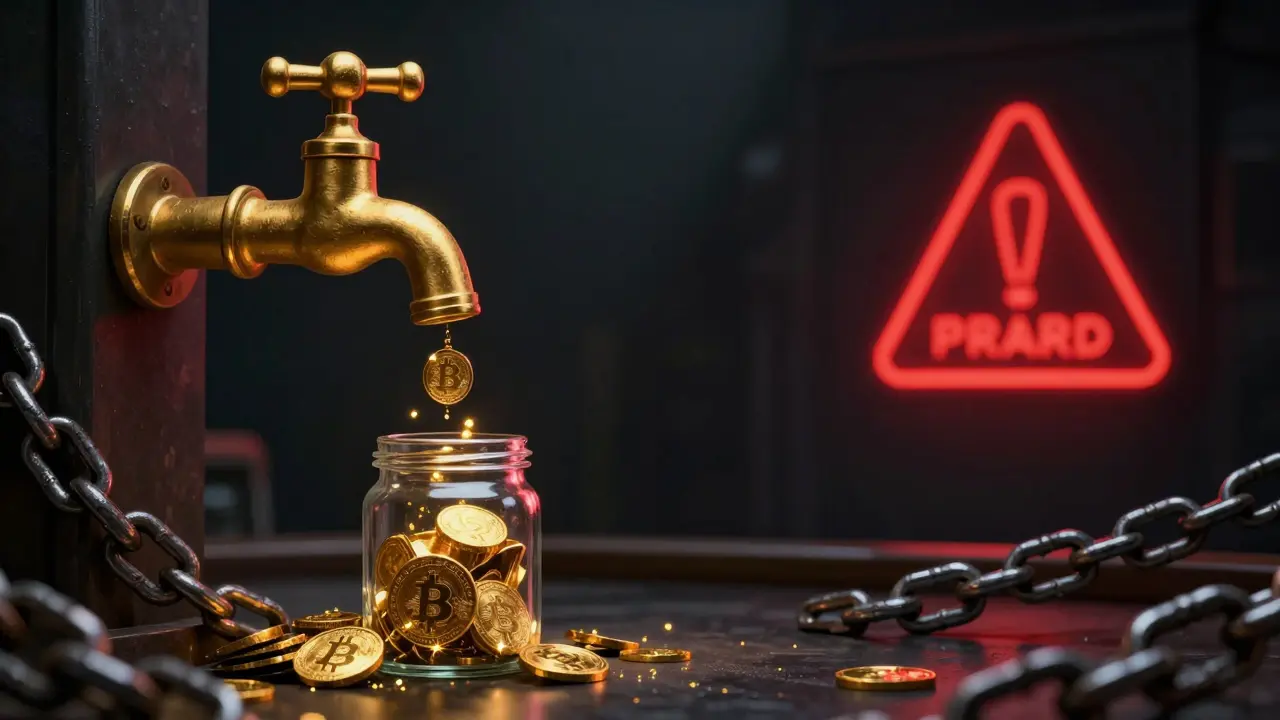 A golden crypto faucet contrasting with dark chains and warning signs