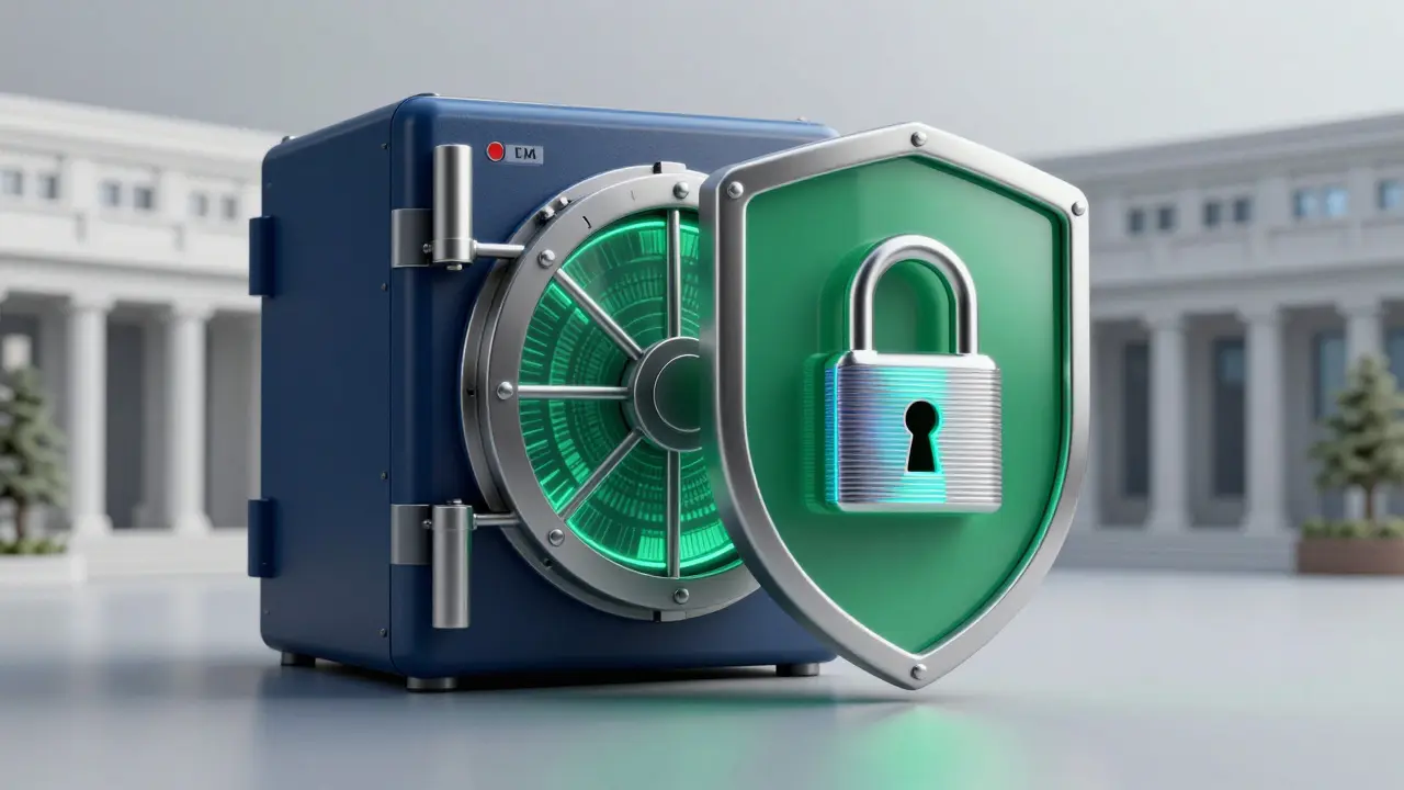 A holographic lock and metallic shield symbolizing secure and regulated crypto exchange services