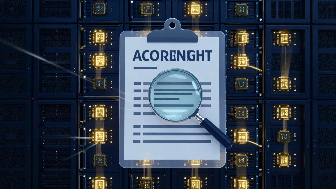 A holographic magnifying glass auditing rows of cryptocurrency server racks.