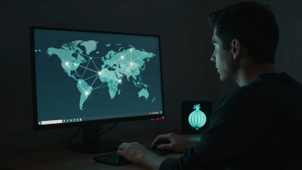 A person using a computer in a dark room, symbolizing online privacy and anonymity