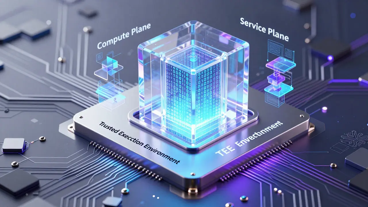A secure crystalline vault inside a futuristic computer processor representing TEE technology.