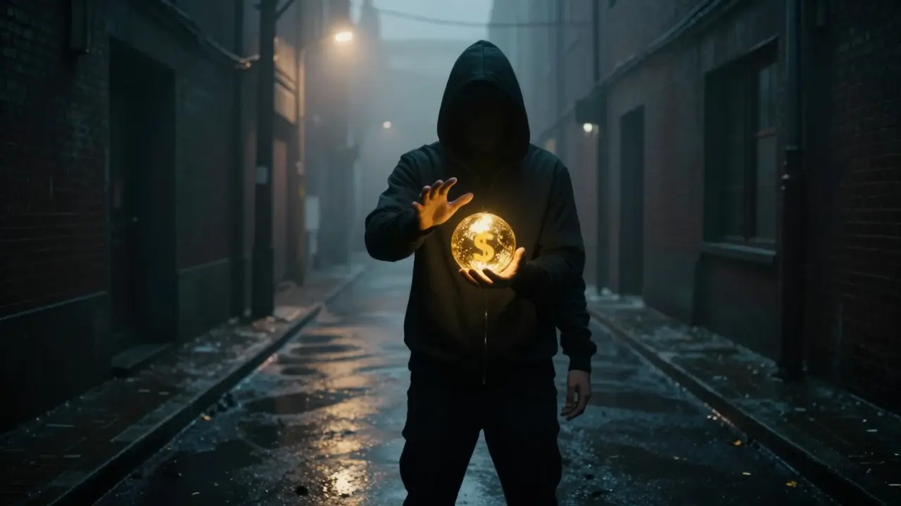 A shadowy figure in a dark, foggy alleyway holding a glowing golden orb