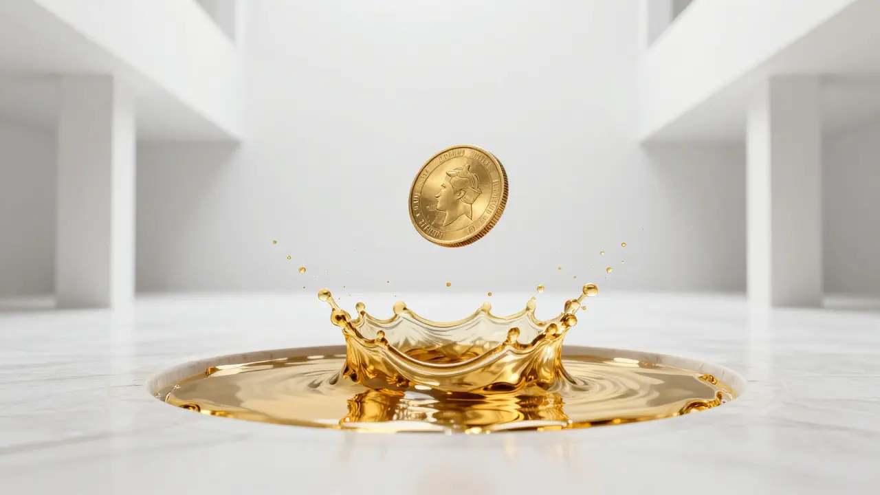 A small pool of liquid gold with a large coin creating a huge splash to represent trading slippage.