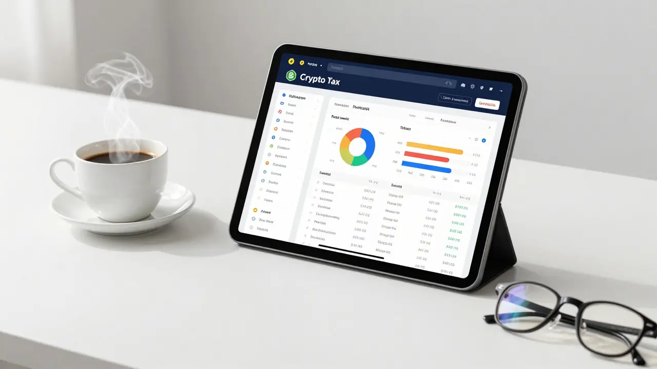 A tablet showing crypto tax software on a bright, organized desk