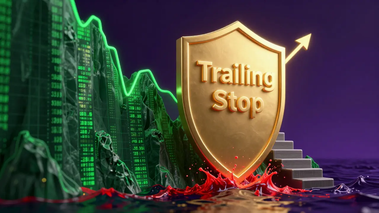 Abstract visualization of a trailing stop-loss protecting gains from market volatility