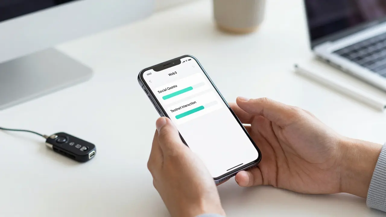 Close-up of hands using a smartphone to complete crypto airdrop tasks in a modern office