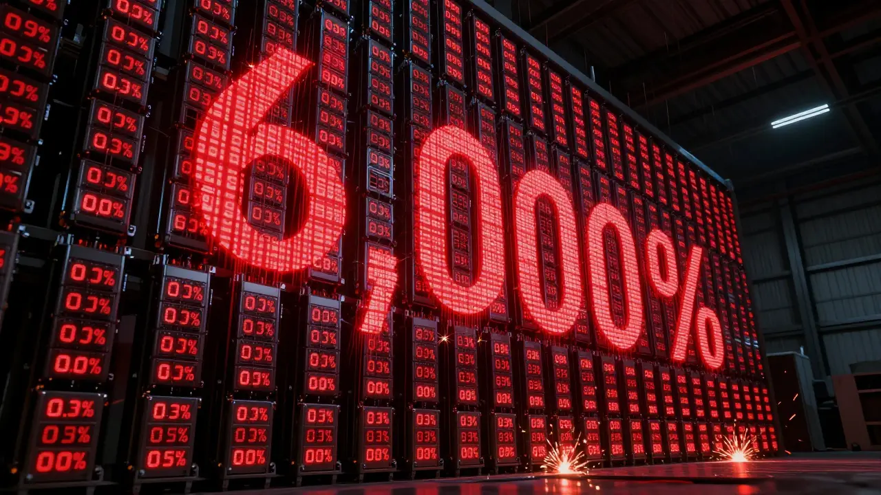 Conceptual art of crypto mining hardware being overwhelmed by a 6,000% tax increase.