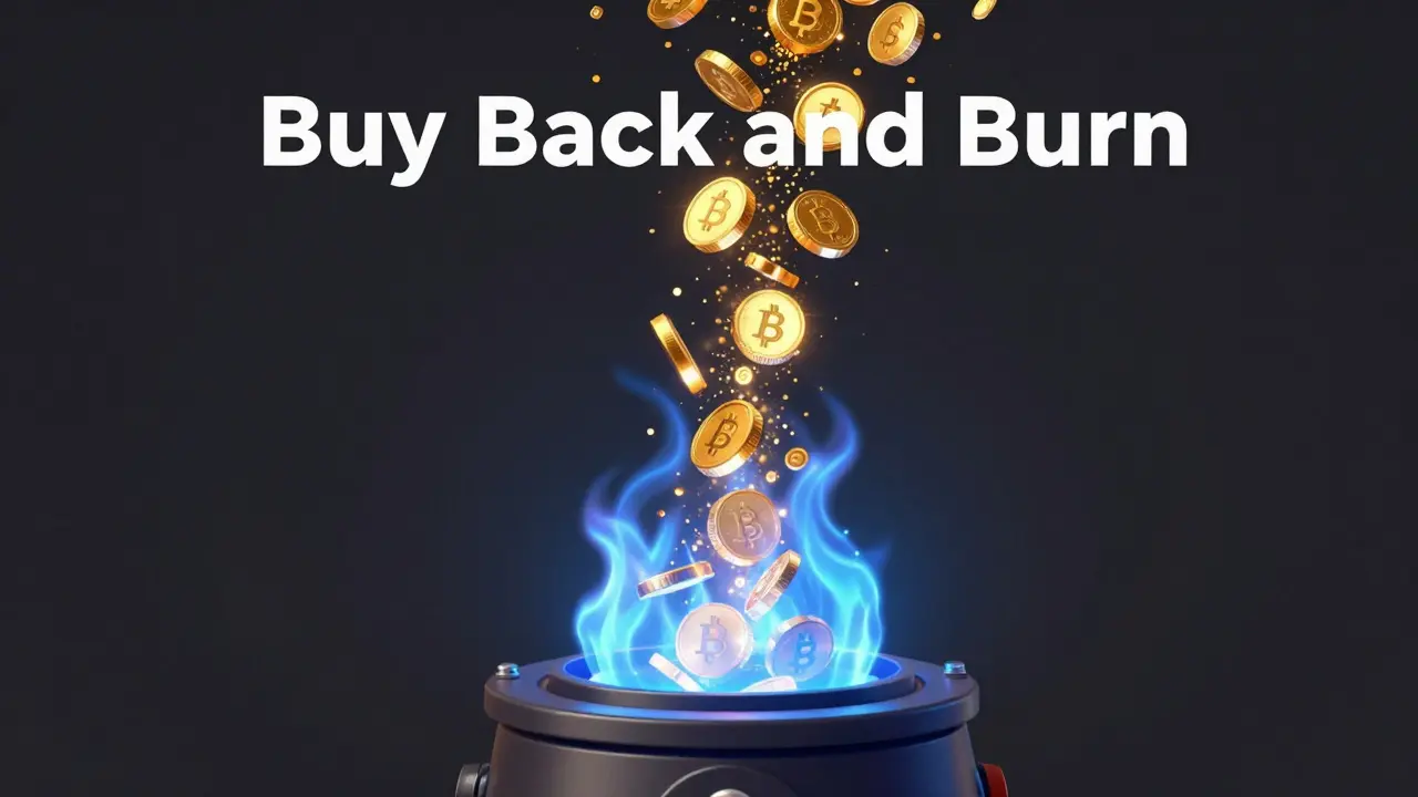 Digital gold tokens being burned in a high-tech blue flame to represent a token burn program