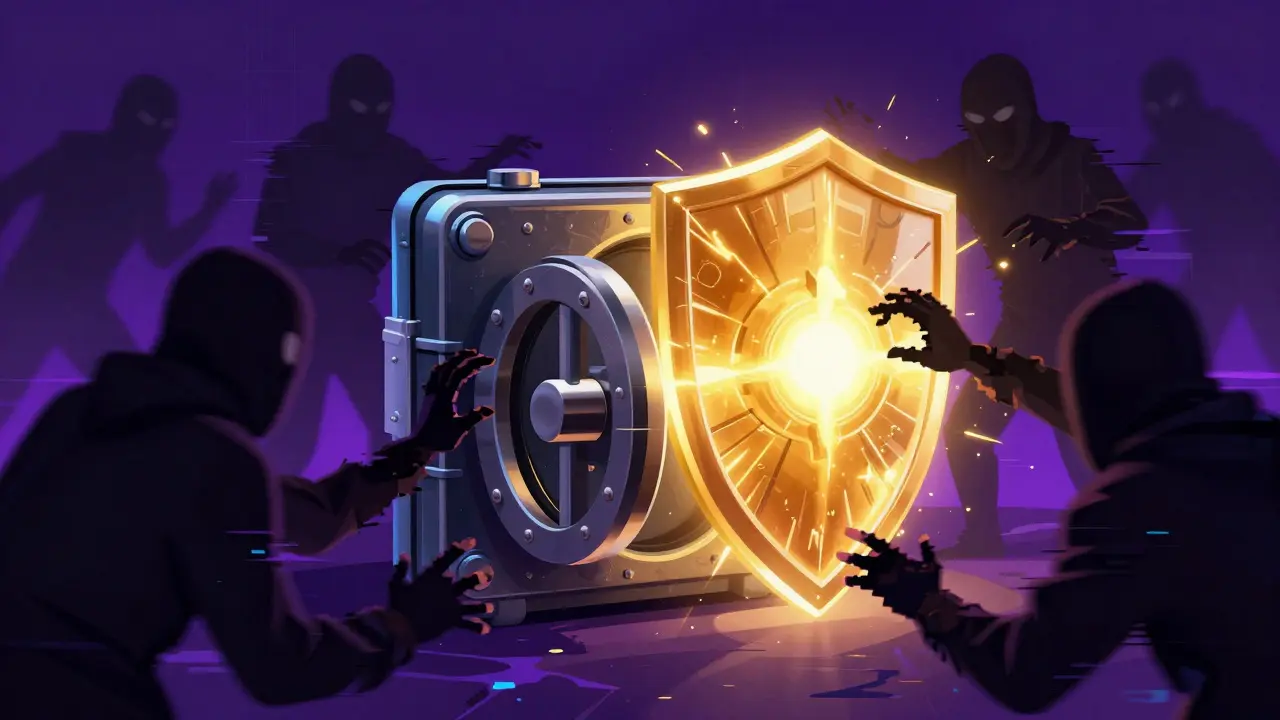Digital vault protected by a golden energy shield from glitchy shadow figures.
