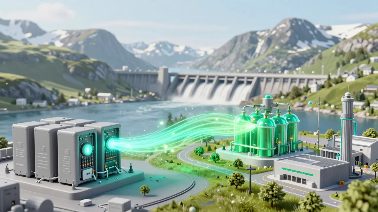 Energy flowing from crypto mining hardware toward a green hydrogen factory.