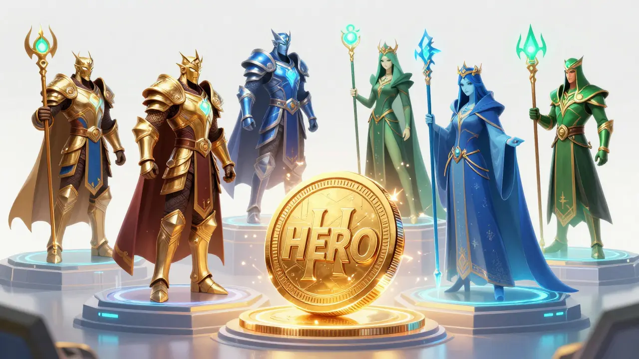Fantasy NFT characters on holographic pedestals with a golden HERO token.