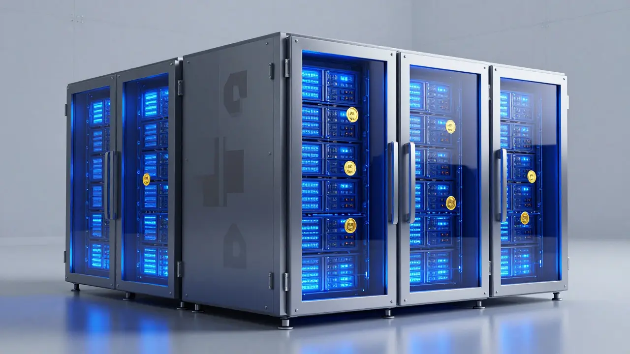 Futuristic offline server vault securing digital currency tokens in blue light.