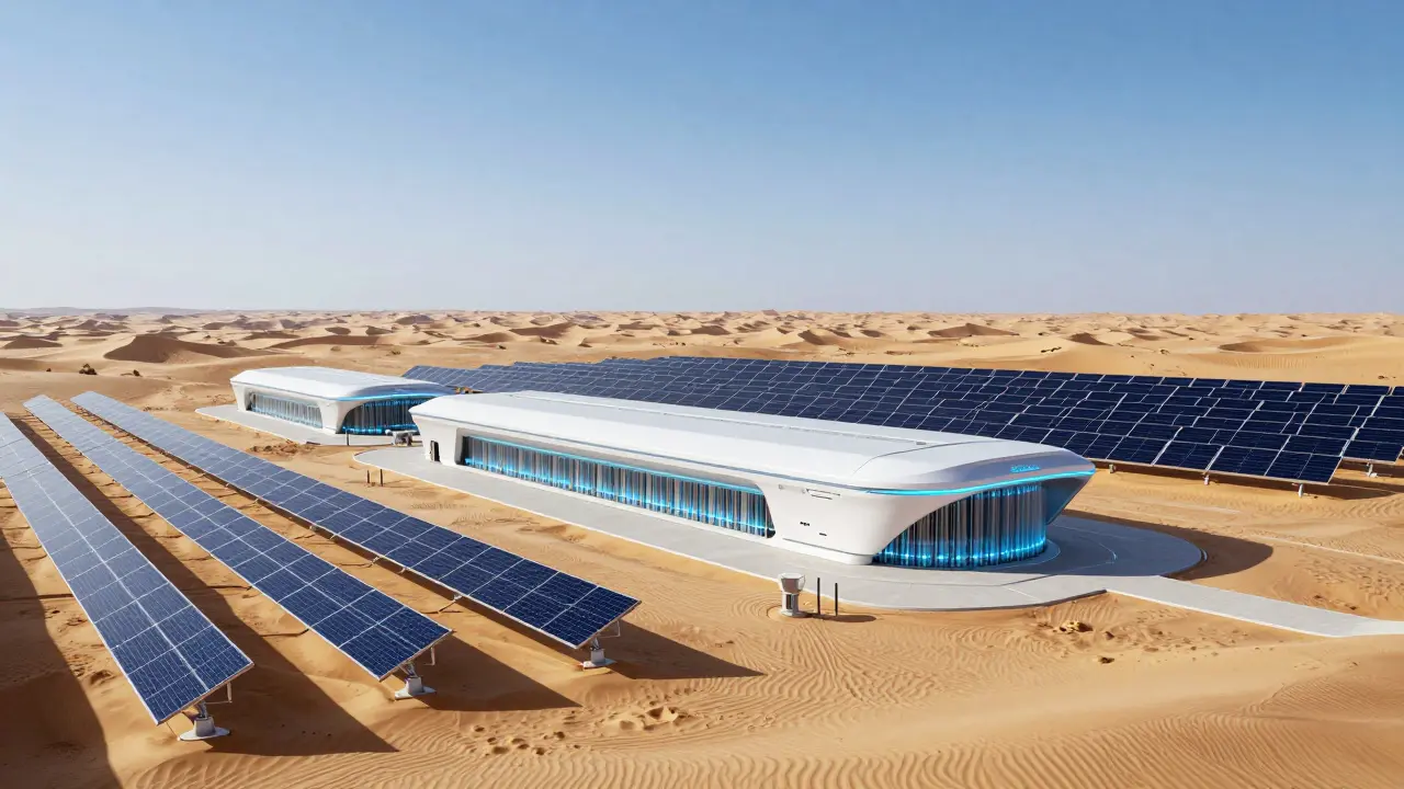 Futuristic solar-powered crypto mining facility in the NEOM desert.