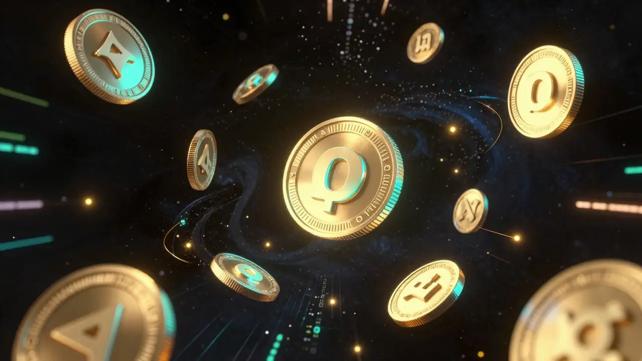 Glowing, rare altcoin symbols floating in a dark digital void