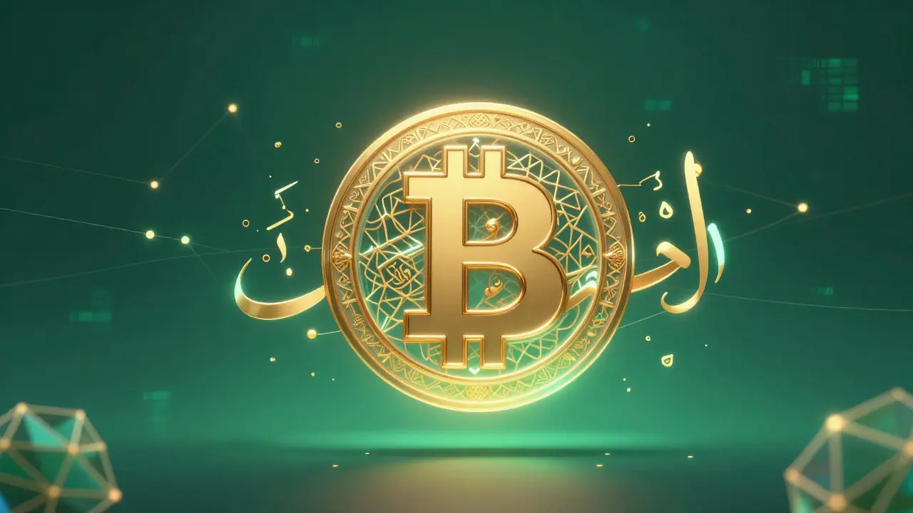 Golden Bitcoin symbol merged with Islamic calligraphy and blockchain nodes.