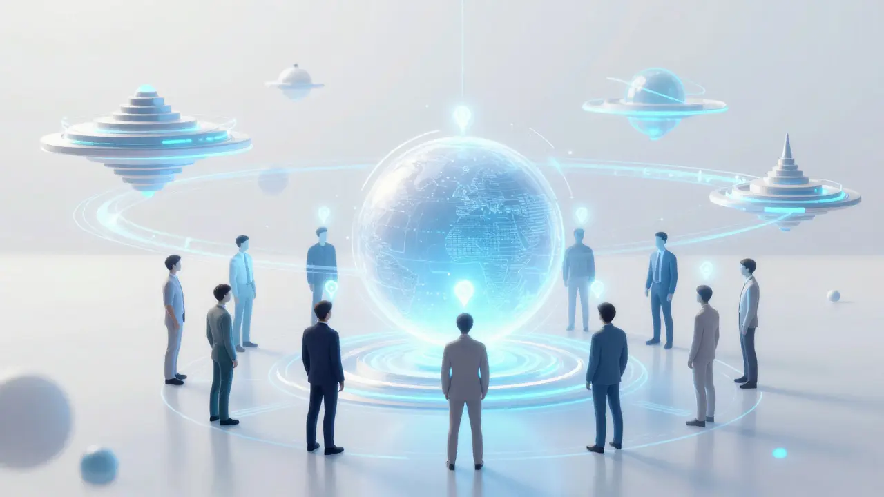 Holographic interface of people voting in a decentralized network with interconnected blockchain bridges.