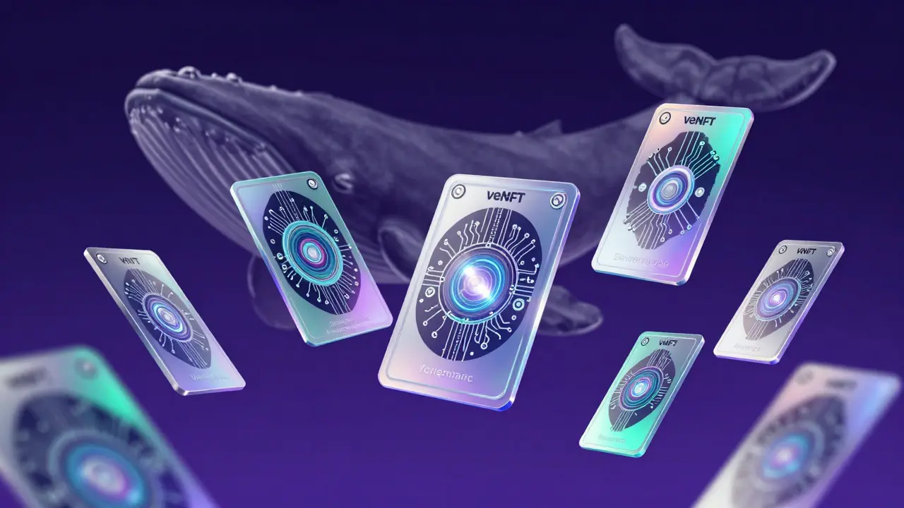 Holographic NFT cards floating in a futuristic purple and teal space with a whale silhouette.