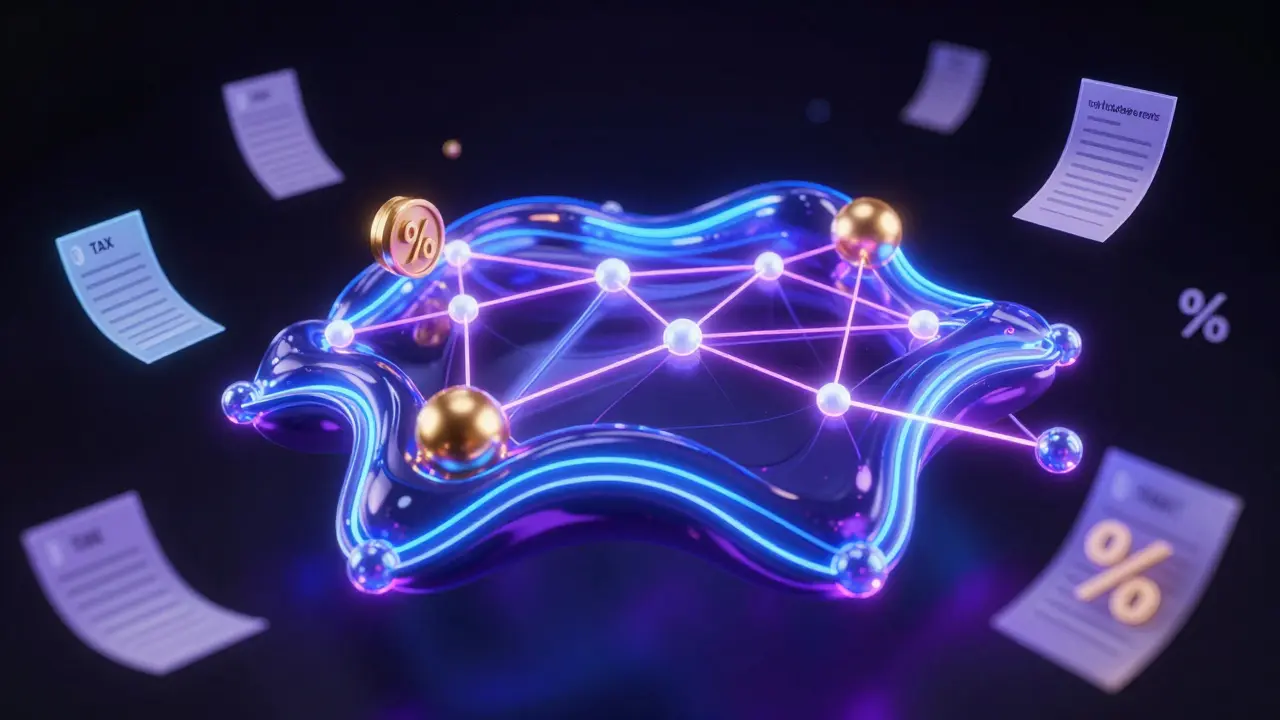 Neon digital liquidity pools interconnected with floating tax documents