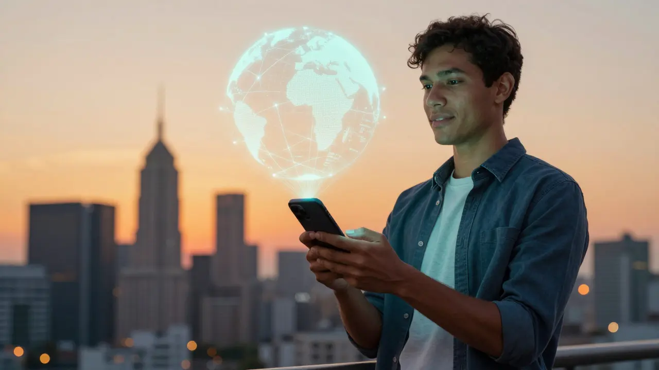 Person holding smartphone connected to holographic globe over city skyline.
