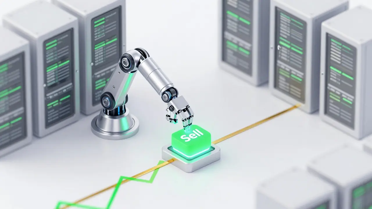 Robotic arm executing an automated stop-loss order in a high-tech data center