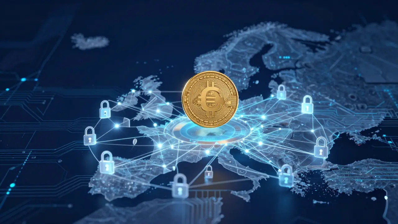 A small euro coin surrounded by digital security locks and data streams.