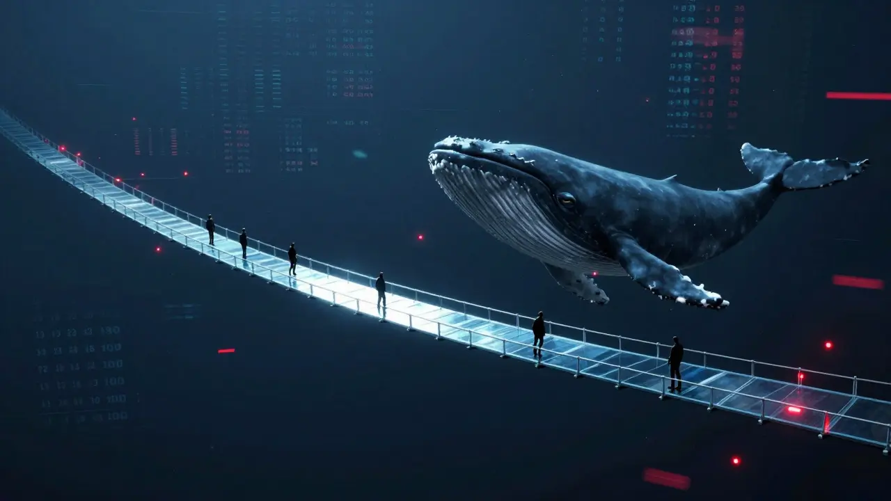 Abstract glass bridge over void with shadowy whale figure