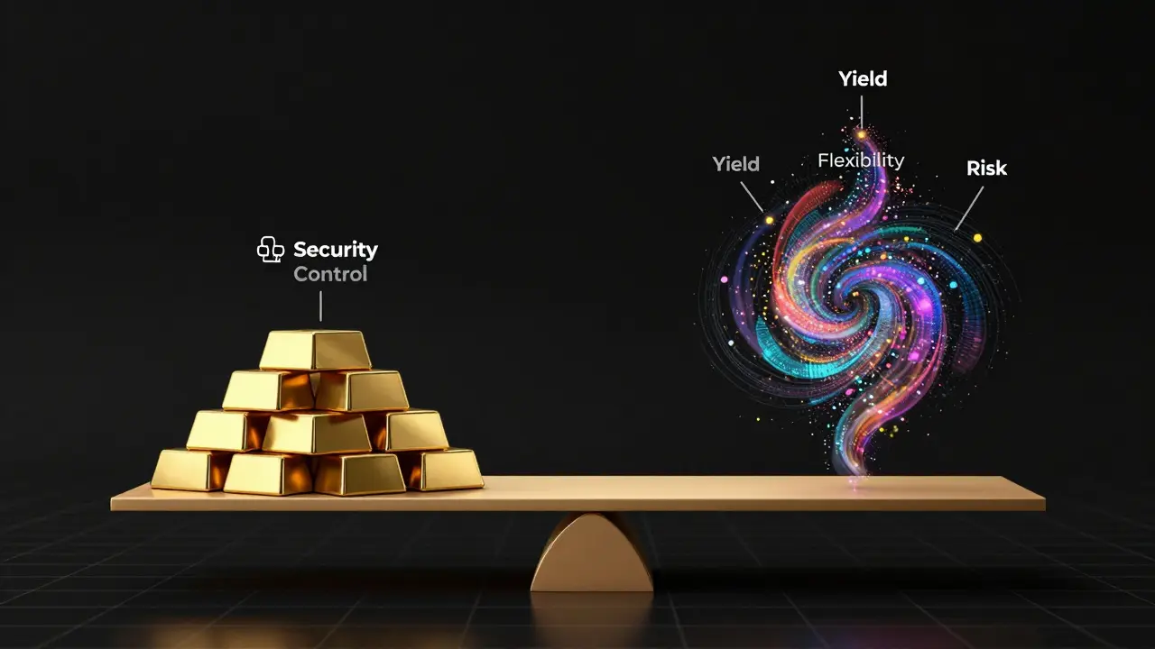 Abstract scale balancing solid gold bars against swirling digital particles representing risk vs reward.